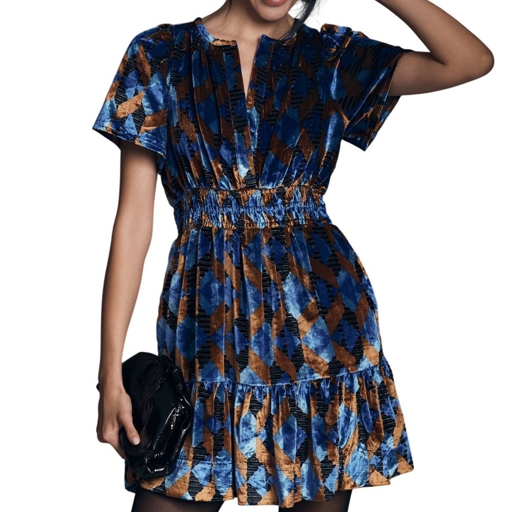 Anthropologie Somerset Mini Dress Velvet Geometric Blue Harlequin Smocked Sz XSP